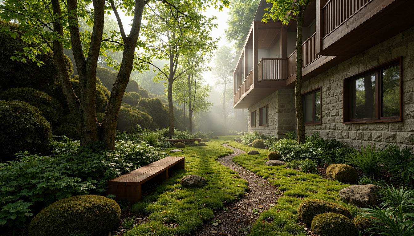 Prompt: Mossy forest floor, lush greenery, misty atmosphere, natural stone walls, wooden accents, earthy scent, soft warm lighting, shallow depth of field, 3/4 composition, panoramic view, realistic textures, ambient occlusion, serene ambiance, moss-covered trees, vibrant ferns, rustic wooden benches, winding forest paths, foggy morning, gentle sunlight filtering through leaves.