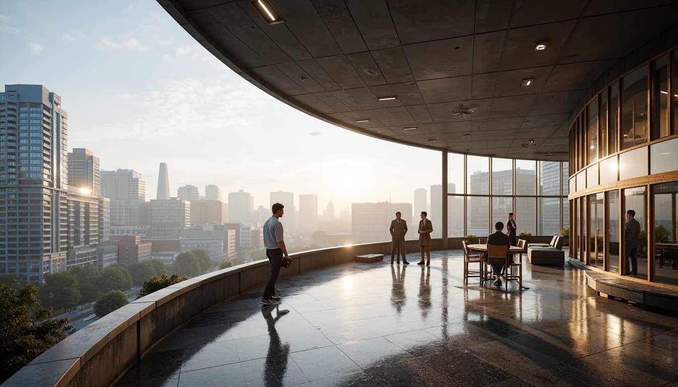 Prompt: Curved lines, minimalist design, open spaces, natural light, sleek metal framework, glass facades, cantilevered roofs, geometric shapes, futuristic ambiance, urban landscape, city skyline, morning mist, soft warm lighting, shallow depth of field, 3/4 composition, panoramic view, realistic textures, ambient occlusion.