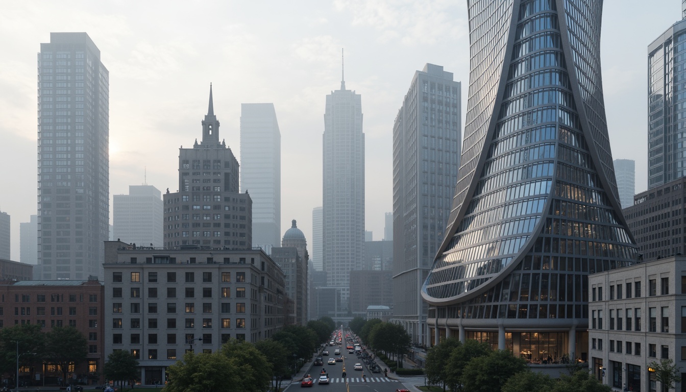 Prompt: Sleek curvilinear buildings, streamlined modern architecture, Art Deco influences, metallic materials, polished chrome accents, rounded edges, smooth curves, dynamic shapes, futuristic vibes, urban cityscape, morning fog, soft diffused lighting, shallow depth of field, 1/1 composition, symmetrical framing, high-contrast textures, ambient occlusion.