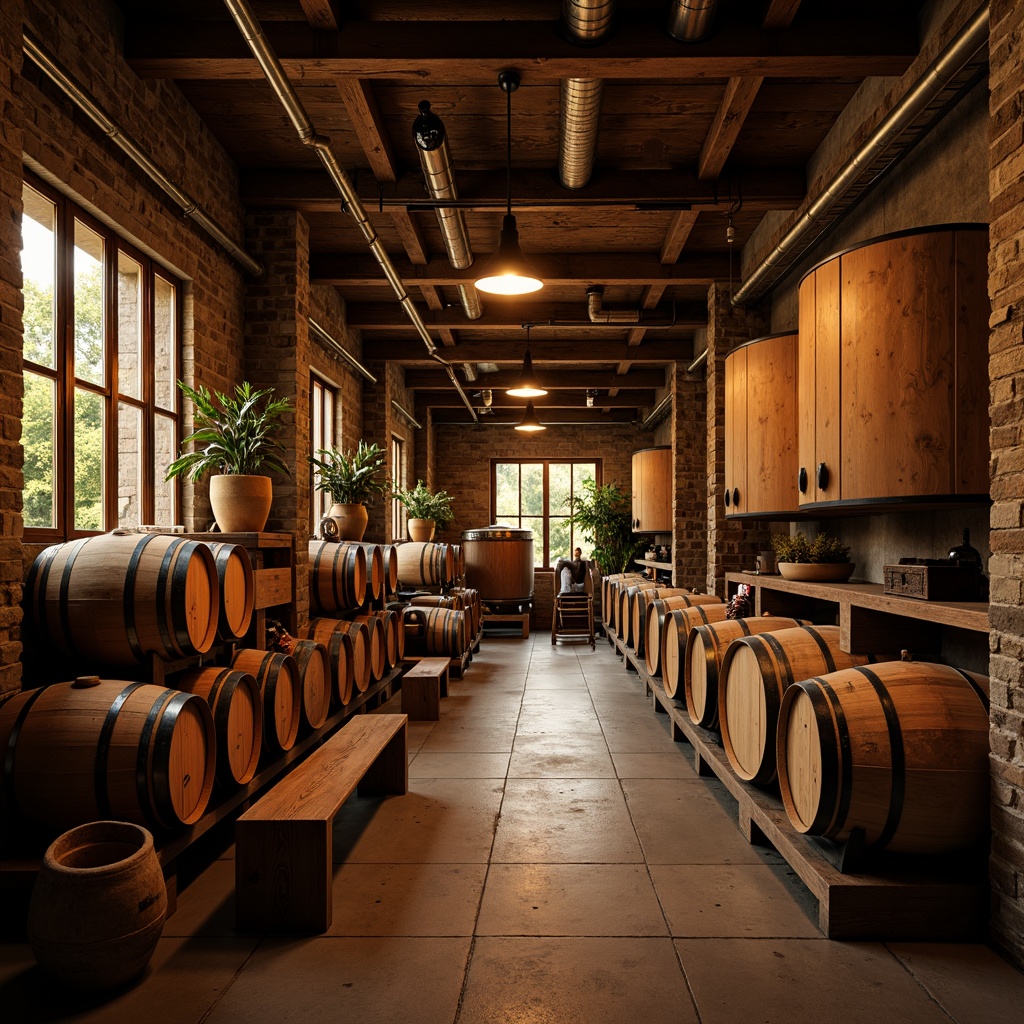 Prompt: Rustic winery, wooden barrels, stone walls, earthy tones, natural lighting, reclaimed wood accents, metal roofing, industrial chic decor, vintage wine-making equipment, exposed brick ceilings, wooden fermentation tanks, oak aging rooms, dim warm ambiance, soft golden lighting, shallow depth of field, 1/1 composition, realistic textures, ambient occlusion.