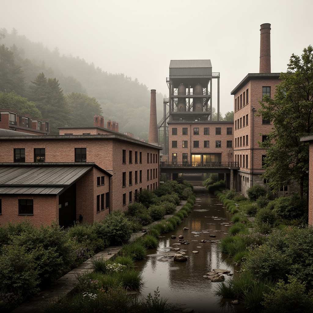 Prompt: Industrial factory complex, rustic brick buildings, corrugated metal roofs, worn concrete walls, vintage machinery, abandoned chimneys, overgrown vegetation, wildflowers, meandering streams, misty atmosphere, soft warm lighting, shallow depth of field, 3/4 composition, panoramic view, realistic textures, ambient occlusion, regionalism-inspired architecture, modern industrial design, functional spaces, exposed ductwork, metal catwalks, reclaimed wood accents, earthy color palette, natural stone pathways, weathered steel bridges.