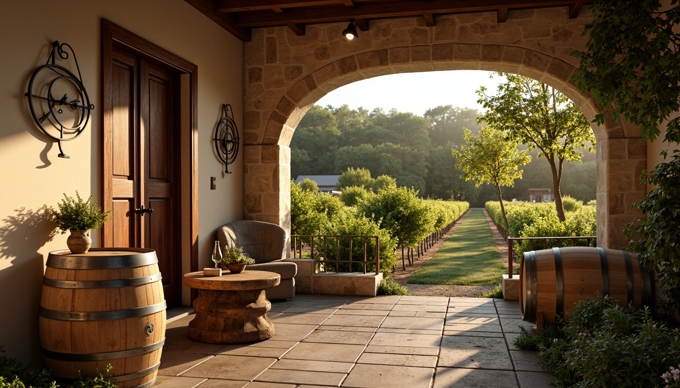 Prompt: Rustic winery, earthy tones, warm beige walls, rich wood accents, vintage metal decor, lush green vineyards, sunny afternoon, soft golden lighting, shallow depth of field, 2/3 composition, natural textures, ambient occlusion, weathered stone pathways, wooden barrels, wine cellar atmosphere, elegant typography, classic label designs.