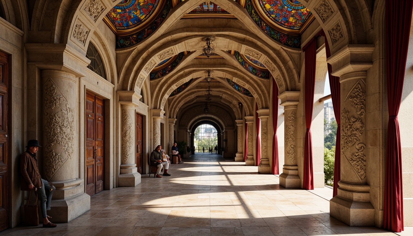 Prompt: Intricate stone carvings, flowing organic lines, sinuous curves, ornate metalwork, grand entranceways, sweeping arches, stained glass windows, vibrant colorful mosaics, luxurious velvet drapes, polished wooden paneling, gilded accents, soft warm lighting, shallow depth of field, 1/2 composition, realistic textures, ambient occlusion.