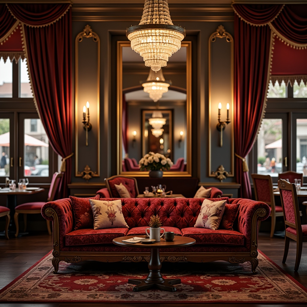 Prompt: Luxurious coffee shop interior, rich velvet fabrics, ornate golden frames, intricate brocade patterns, plush crimson sofas, lavish silk drapes, antique wooden accents, ornamental mirrors, crystal chandeliers, warm candlelight, soft focus, shallow depth of field, 1/2 composition, realistic textures, ambient occlusion.