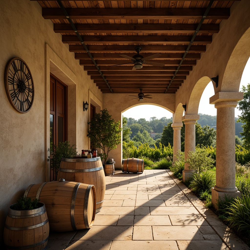 Prompt: Rustic winery, earthy tones, warm beige walls, rich wood accents, vintage metal decor, lush green vineyards, sunny afternoon, soft golden lighting, shallow depth of field, 2/3 composition, natural textures, ambient occlusion, weathered stone pathways, wooden barrels, wine cellar atmosphere, elegant typography, classic label designs.