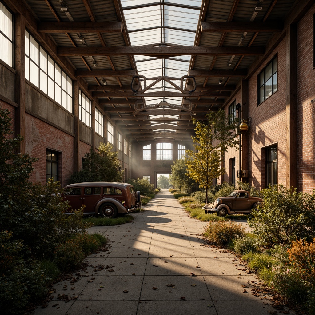 Prompt: Rustic industrial landscape, abandoned factories, distressed brick walls, corrugated metal roofs, worn wooden beams, vintage machinery, urban decay, overgrown vegetation, gritty urban atmosphere, warm golden lighting, shallow depth of field, 1/2 composition, cinematic view, realistic textures, ambient occlusion, nostalgic mood, retro-futuristic elements, exposed ductwork, concrete floors, steel columns, reclaimed wood accents, industrial chic aesthetic.