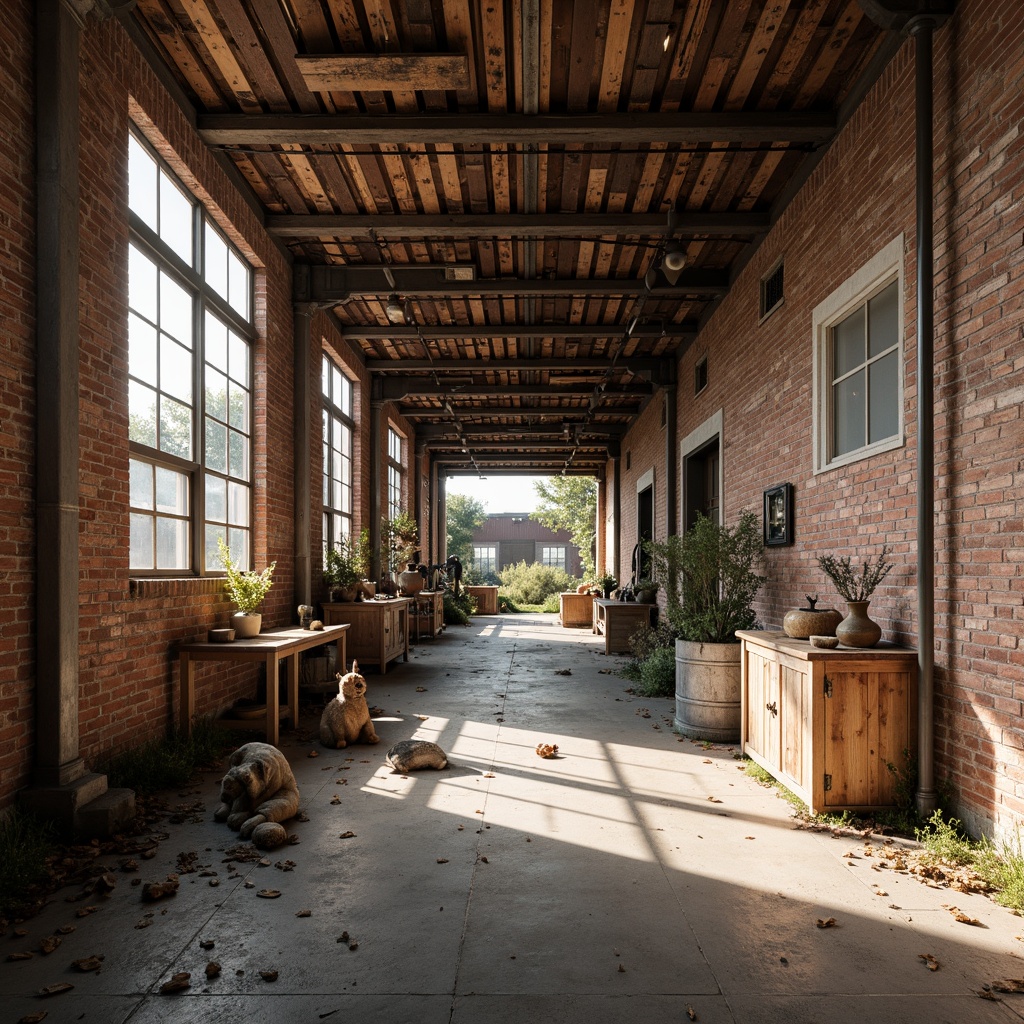 Prompt: Rustic industrial landscape, abandoned factories, worn brick walls, distressed metal roofs, reclaimed wood accents, earthy tones, natural textures, regional materials, local craftsmanship, exposed ductwork, concrete floors, steel beams, functional minimalism, industrial chic aesthetic, warm soft lighting, shallow depth of field, 1/1 composition, realistic renderings, ambient occlusion.