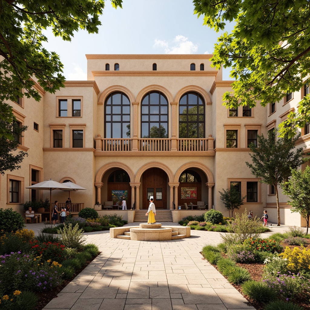 Prompt: Rustic elementary school building, Romanesque arches, warm beige stone walls, ornate carvings, grand entrance, heavy wooden doors, vibrant greenery, blooming flowers, playful playground equipment, colorful murals, educational signage, natural stone walkways, curved staircases, high ceilings, large windows, soft warm lighting, shallow depth of field, 3/4 composition, panoramic view, realistic textures, ambient occlusion.