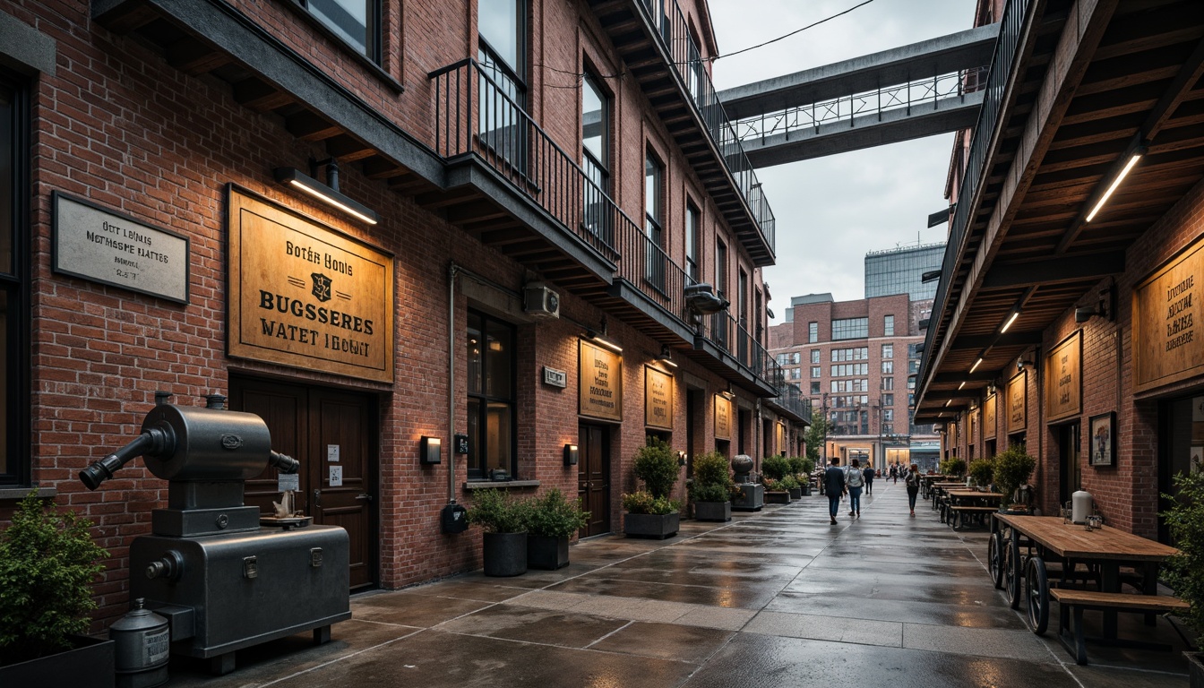 Prompt: Rustic industrial factory, exposed brick walls, metallic beams, reclaimed wood accents, distressed concrete floors, vintage machinery, urban landscape, cloudy grey sky, warm soft lighting, shallow depth of field, 1/1 composition, realistic textures, ambient occlusion, worn-out signage, faded advertisements, old-fashioned lamp posts, nostalgic atmosphere, retro-style industrial equipment, functional pipes, modernized heritage architecture, revitalized waterfront area.