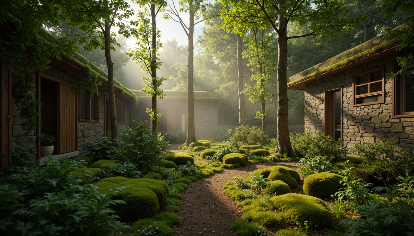 Prompt: Mossy forest floor, lush greenery, misty atmosphere, natural stone walls, wooden accents, earthy scent, soft warm lighting, shallow depth of field, 3/4 composition, panoramic view, realistic textures, ambient occlusion, serene ambiance, moss-covered trees, vibrant ferns, rustic wooden benches, winding forest paths, foggy morning, gentle sunlight filtering through leaves.