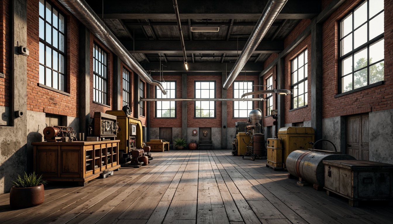 Prompt: Industrial factory setting, exposed brick walls, metal beams, worn wooden floors, vintage machinery, distressed textures, earthy tones, muted colors, rusty reds, weathered blues, faded yellows, industrial greys, urban atmosphere, gritty realism, high contrast lighting, dramatic shadows, cinematic composition, 1/2 camera angle, realistic renderings, ambient occlusion.