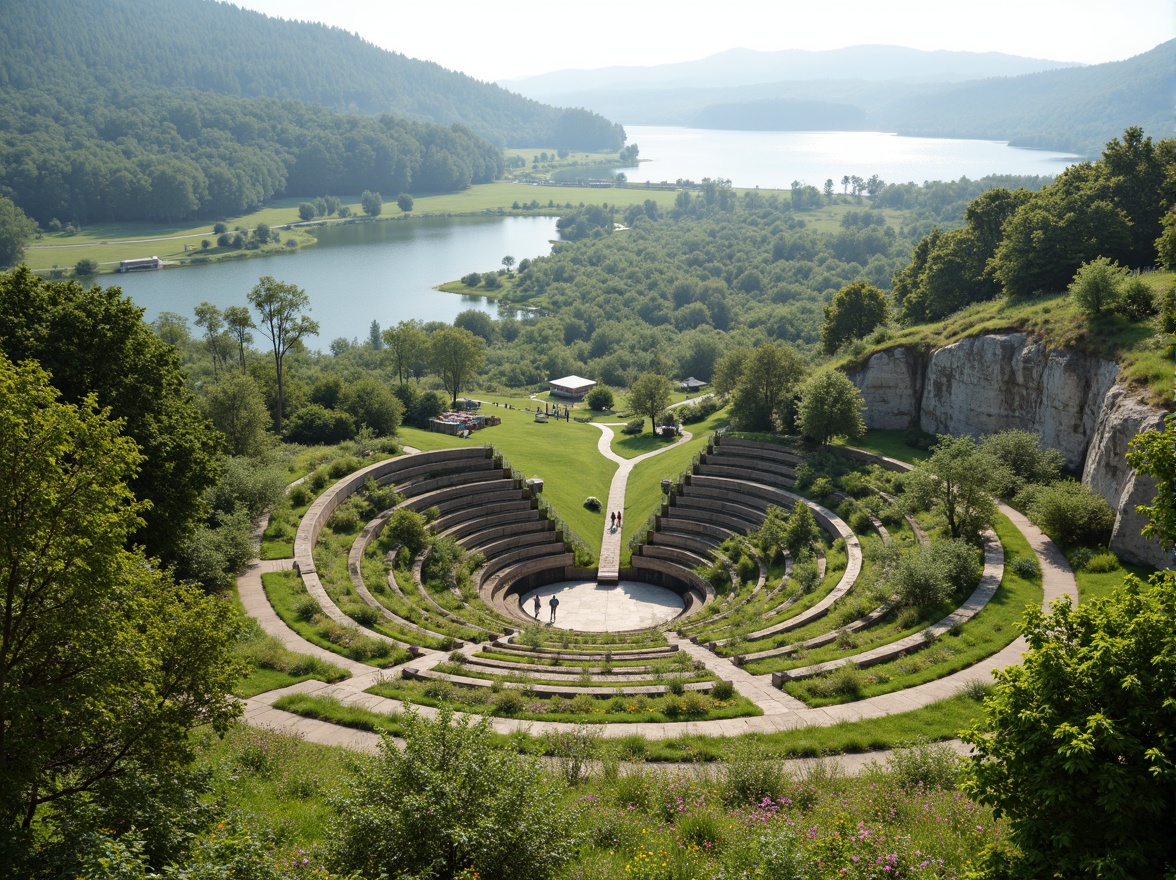 Prompt: Rolling hills, lush greenery, serene lake views, amphitheater structures, tiered seating, natural stone walls, wooden benches, scenic overlooks, walking trails, meandering streams, rustic bridges, vibrant wildflowers, sunny afternoon, soft warm lighting, shallow depth of field, 3/4 composition, panoramic view, realistic textures, ambient occlusion.