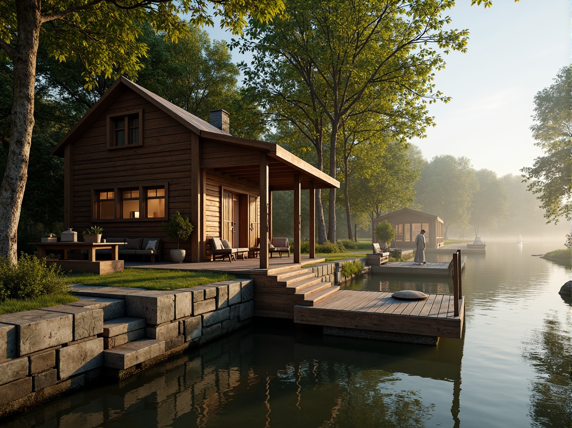 Prompt: Rustic boathouse, wooden dock, serene lake waters, lush greenery, overhanging trees, vintage nautical elements, distressed wood textures, earthy color palette, natural stone foundations, classic architectural details, ornate metalwork, lantern-style lighting, warm golden hour, soft misty atmosphere, shallow depth of field, 1/2 composition, symmetrical framing, realistic water reflections, ambient occlusion.