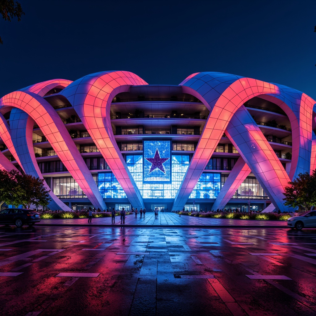 Prompt: Vibrant stadium facade, dynamic curves, bold angular lines, futuristic expressionist architecture, neon-lit LED lights, abstract geometric patterns, irregular shapes, clashing colors, distorted proportions, oversized arches, sweeping cantilevers, dramatic shadows, high-contrast lighting, 1/2 composition, low-angle shot, cinematic atmosphere, realistic materials, ambient occlusion.