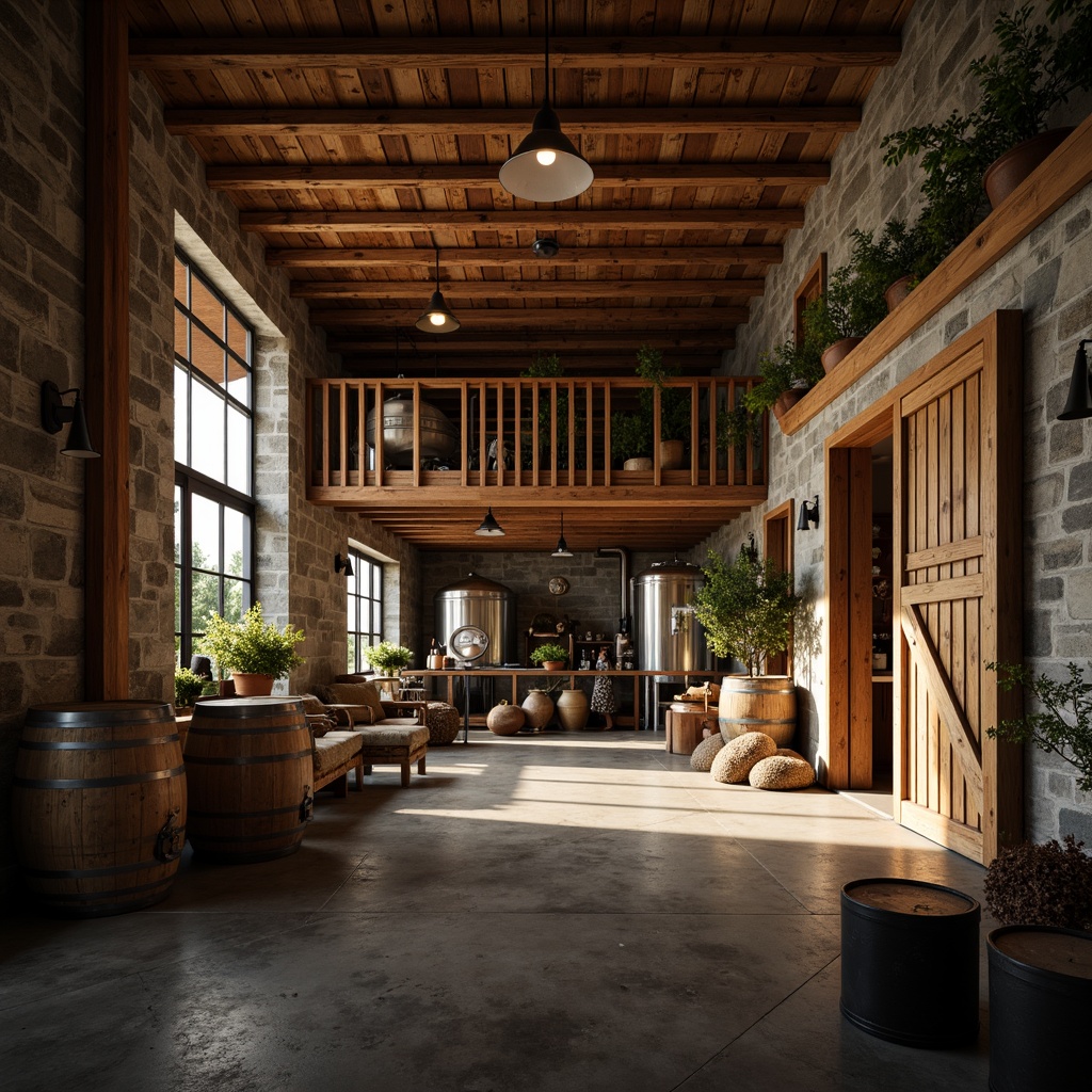 Prompt: Rustic winery building, wooden barrels, vintage wine-making equipment, stone walls, earthy tones, natural lighting, large wooden doors, metal accents, modern industrial touches, sleek steel tanks, stainless steel pipes, fermentation rooms, grape crushing machines, wine cellar, underground tunnels, dim warm lighting, shallow depth of field, 1/1 composition, realistic textures, ambient occlusion.