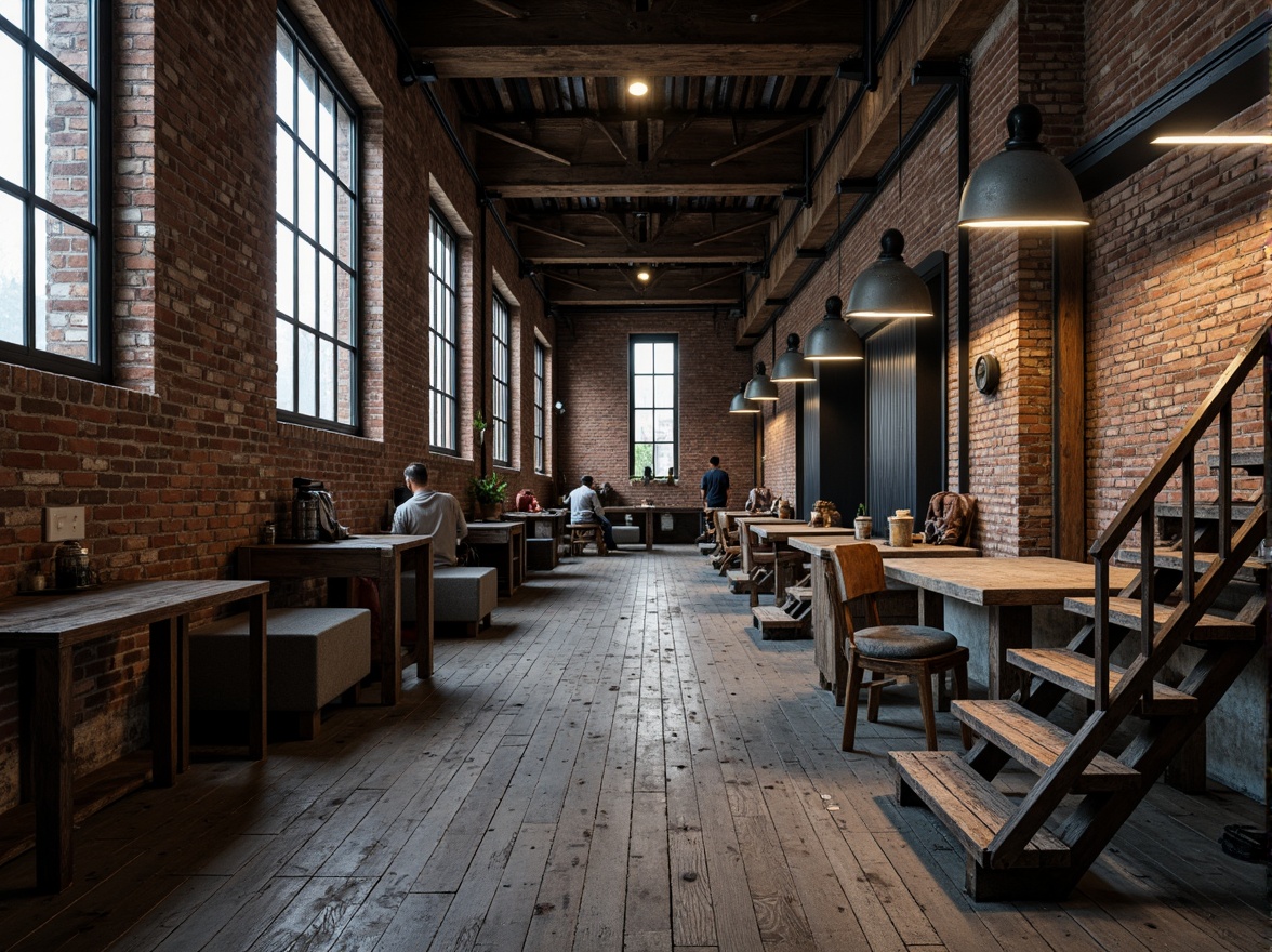 Prompt: Industrial factory setting, exposed brick walls, metal beams, worn wooden floors, vintage machinery, distressed textures, earthy tones, muted colors, rusty reds, weathered blues, faded yellows, industrial greys, urban atmosphere, gritty realism, high contrast lighting, dramatic shadows, cinematic composition, 1/2 camera angle, realistic renderings, ambient occlusion.