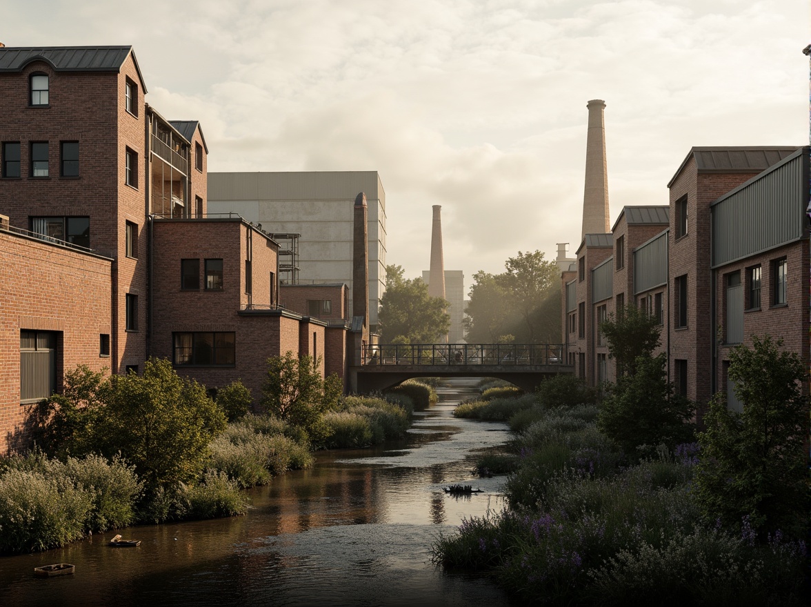 Prompt: Industrial factory complex, rustic brick buildings, corrugated metal roofs, worn concrete walls, vintage machinery, abandoned chimneys, overgrown vegetation, wildflowers, meandering streams, misty atmosphere, soft warm lighting, shallow depth of field, 3/4 composition, panoramic view, realistic textures, ambient occlusion, regionalism-inspired architecture, modern industrial design, functional spaces, exposed ductwork, metal catwalks, reclaimed wood accents, earthy color palette, natural stone pathways, weathered steel bridges.