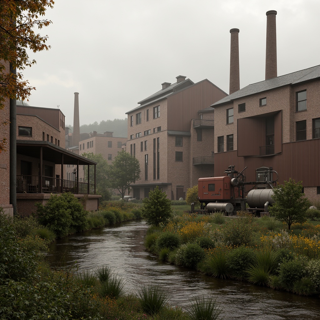 Prompt: Industrial factory complex, rustic brick buildings, corrugated metal roofs, worn concrete walls, vintage machinery, abandoned chimneys, overgrown vegetation, wildflowers, meandering streams, misty atmosphere, soft warm lighting, shallow depth of field, 3/4 composition, panoramic view, realistic textures, ambient occlusion, regionalist architectural style, functional simplicity, earthy color palette, distressed finishes, reclaimed wood accents, metal cladding, industrial heritage, nostalgic ambiance.