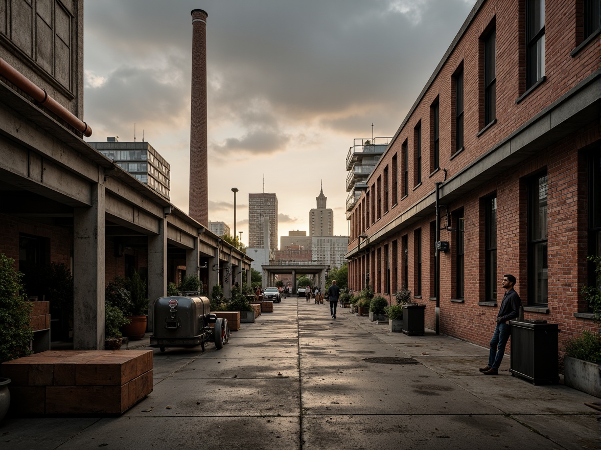 Prompt: Industrial factory setting, exposed brick walls, metal beams, worn wooden floors, distressed concrete textures, vintage machinery, rusty pipes, urban cityscape, cloudy grey skies, warm golden lighting, shallow depth of field, 1/2 composition, realistic render, ambient occlusion, muted color palette, earthy tones, weathered steel blues, faded reds, industrial greens, creamy whites, worn leather accents, metallic sheens.