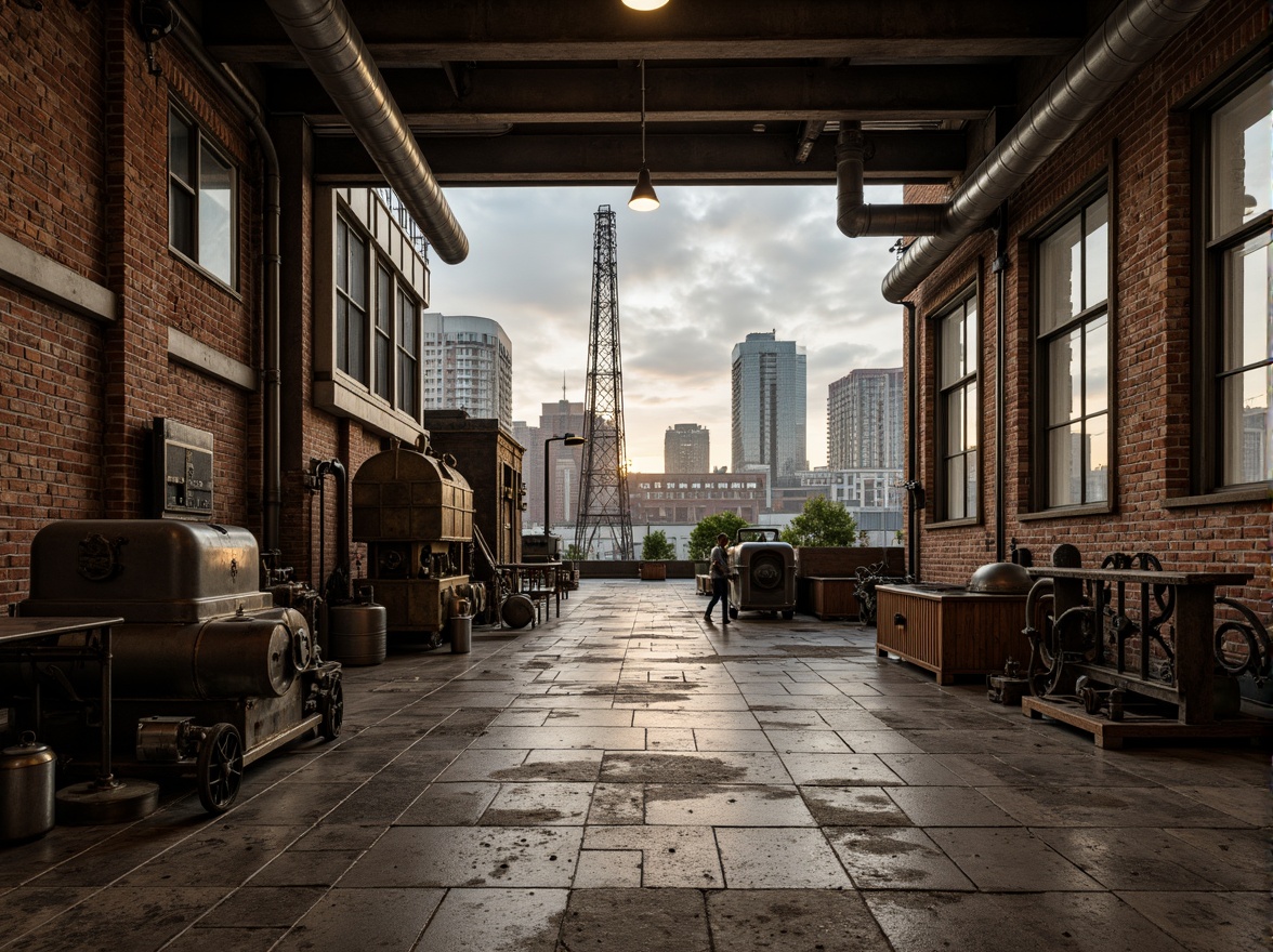 Prompt: Industrial factory setting, exposed brick walls, metal beams, worn wooden floors, distressed concrete textures, vintage machinery, rusty pipes, urban cityscape, cloudy grey skies, warm golden lighting, shallow depth of field, 1/2 composition, realistic render, ambient occlusion, muted color palette, earthy tones, weathered steel blues, faded reds, industrial greens, creamy whites, worn leather accents, metallic sheens.