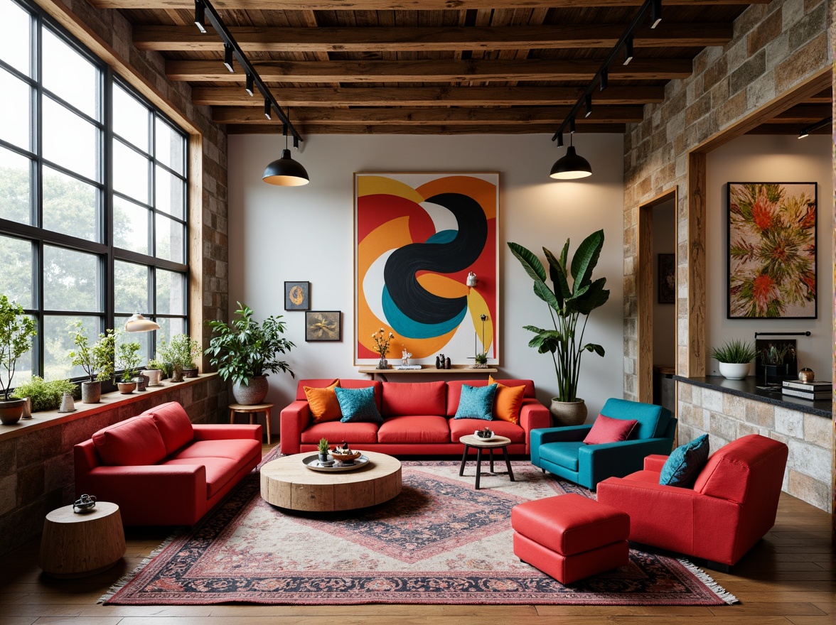 Prompt: Vibrant artistic studio, eclectic furniture, bold color blocking, contrasting textures, abstract artwork, statement lighting fixtures, industrial metal accents, reclaimed wood floors, bohemian-inspired rugs, natural stone walls, oversized windows, soft warm glow, shallow depth of field, 1/1 composition, realistic renderings, ambient occlusion.