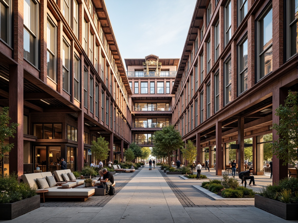 Prompt: Industrial heritage site, exposed brick buildings, rusty metal structures, reclaimed wood accents, vintage factory equipment, urban renewal, mixed-use development, adaptive reuse, modern amenities, sleek glass facades, minimalist interiors, polished concrete floors, industrial chic decor, natural light pouring in, airy open spaces, communal courtyards, pedestrian-friendly walkways, vibrant street art, eclectic neighborhood vibe, warm golden lighting, shallow depth of field, 2/3 composition, realistic textures, ambient occlusion.