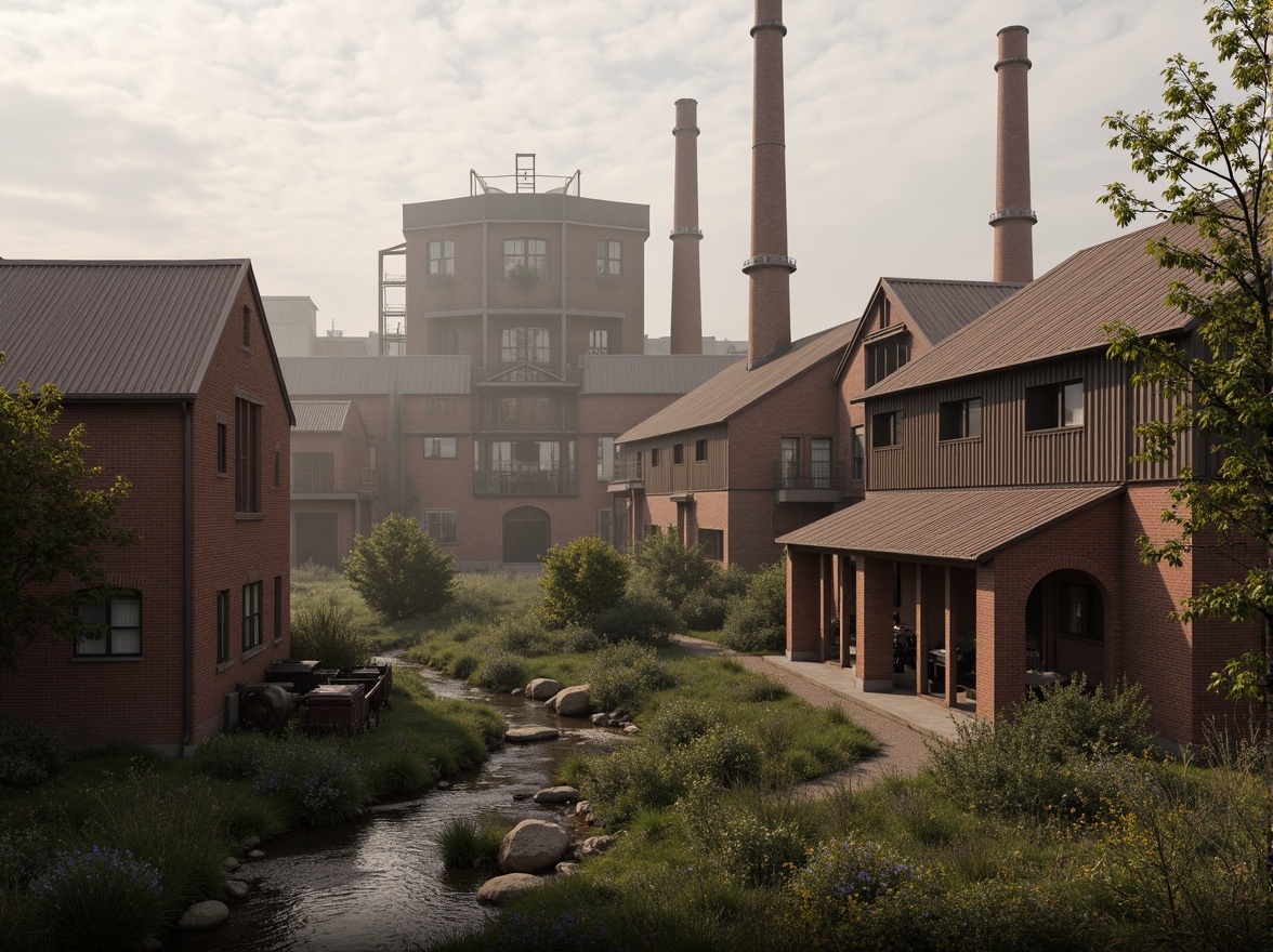 Prompt: Industrial factory complex, rustic brick buildings, corrugated metal roofs, worn concrete walls, vintage machinery, abandoned chimneys, overgrown vegetation, wildflowers, meandering streams, misty atmosphere, soft warm lighting, shallow depth of field, 3/4 composition, panoramic view, realistic textures, ambient occlusion, regionalist architectural style, functional simplicity, earthy color palette, distressed finishes, reclaimed wood accents, metal cladding, industrial heritage, nostalgic ambiance.