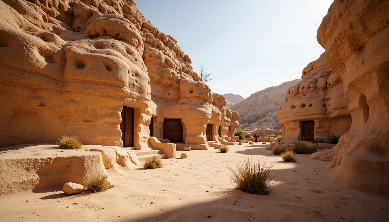 Prompt: Weathered sand-casted walls, rough stone textures, earthy tones, organic forms, natural erosion patterns, intricate rock formations, desert landscape, warm sunny day, soft diffused lighting, shallow depth of field, 3/4 composition, panoramic view, realistic textures, ambient occlusion.