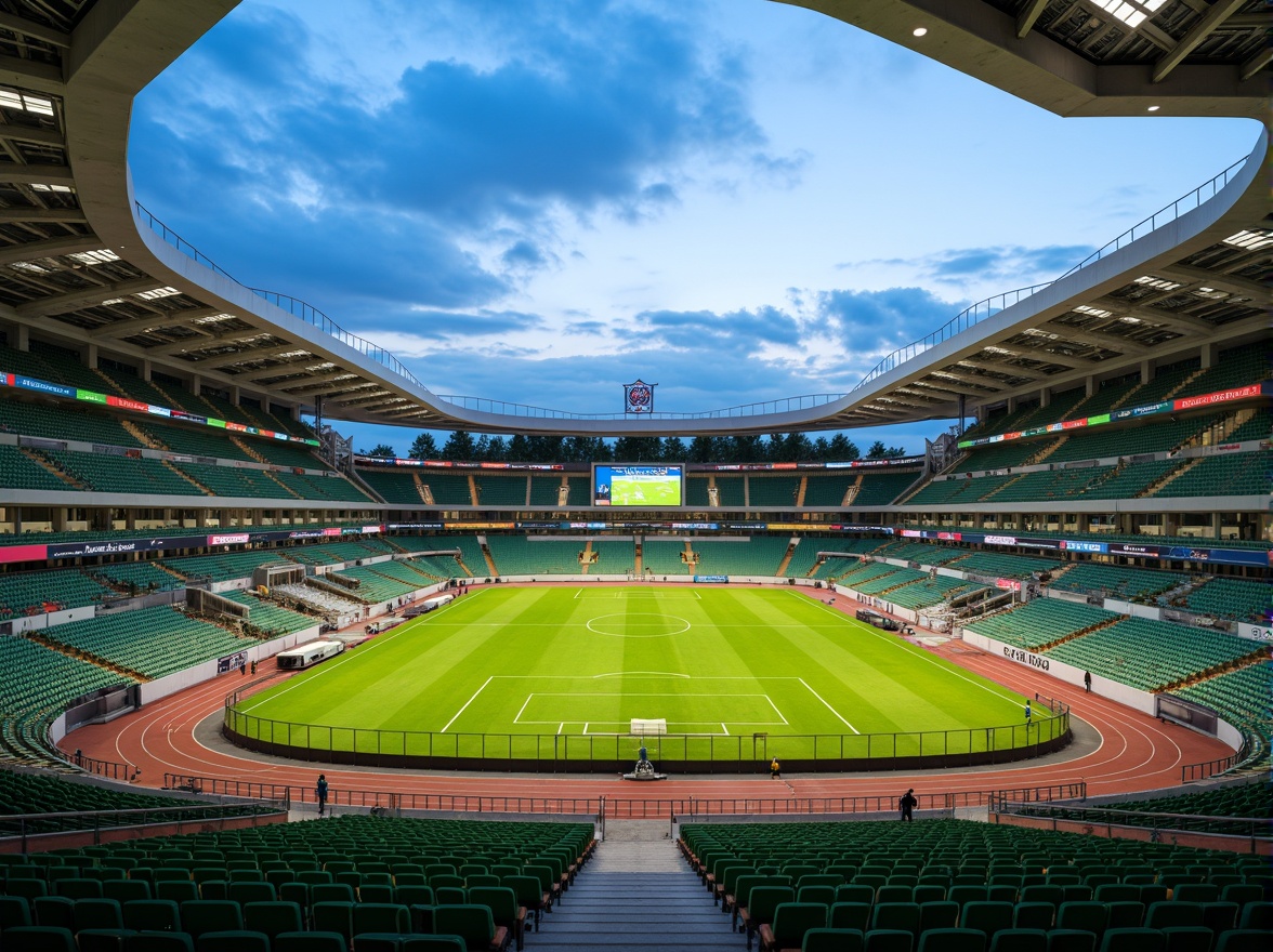 Prompt: Modern soccer stadium, sleek curved lines, cantilevered roofs, transparent glass facades, steel structures, vibrant green seats, lush grass fields, athletic tracks, scoreboard displays, floodlighting systems, evening ambiance, shallow depth of field, 1/1 composition, realistic textures, ambient occlusion, durable concrete flooring, weather-resistant exterior cladding, sound-absorbing interior materials, eco-friendly sustainable design, natural ventilation systems, spacious player lounges, state-of-the-art locker rooms.