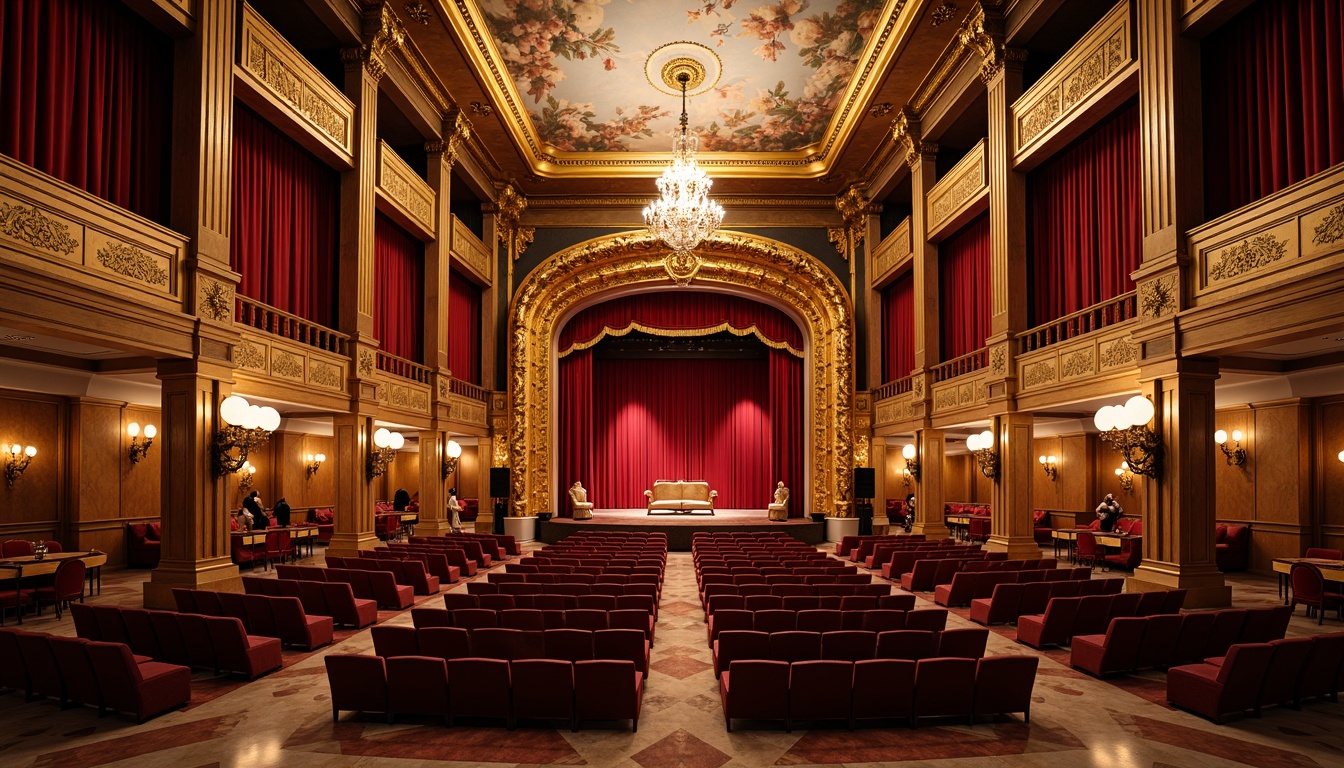 Prompt: Luxurious opera house interior, rich velvet curtains, ornate golden balconies, polished marble floors, intricate fresco ceilings, grand crystal chandeliers, plush red seats, carved wooden paneling, gilded moldings, soft warm lighting, shallow depth of field, 3/4 composition, panoramic view, realistic textures, ambient occlusion.