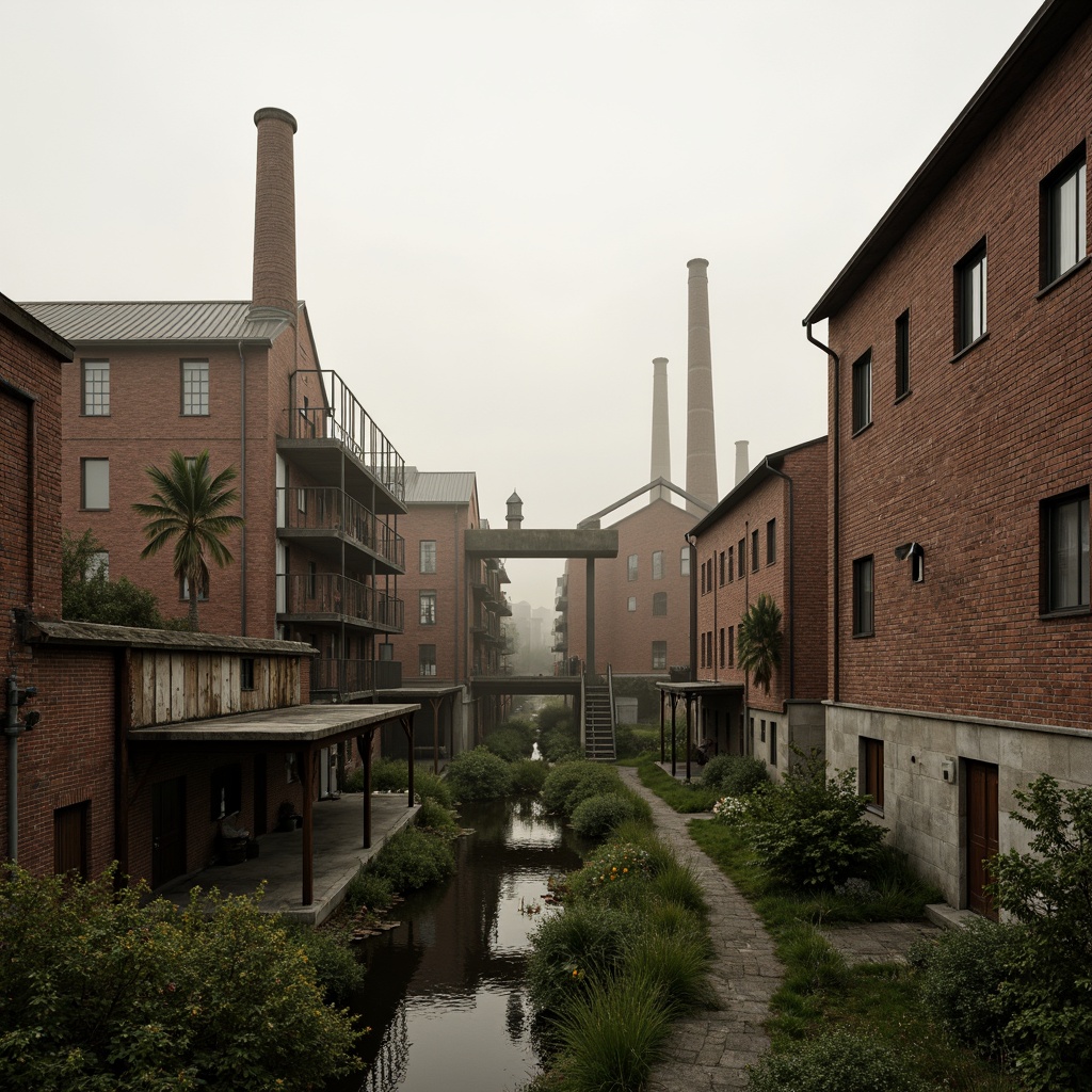 Prompt: Industrial factory complex, rustic brick buildings, corrugated metal roofs, worn concrete walls, vintage machinery, abandoned chimneys, overgrown vegetation, wildflowers, meandering streams, misty atmosphere, soft warm lighting, shallow depth of field, 3/4 composition, panoramic view, realistic textures, ambient occlusion, regionalism-inspired architecture, modern industrial design, functional spaces, exposed ductwork, metal catwalks, reclaimed wood accents, earthy color palette, natural stone pathways, weathered steel bridges.