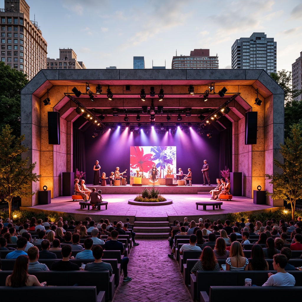 Prompt: Vibrant open-air amphitheater, dynamic stage design, eclectic audience seating, avant-garde performance art, experimental lighting systems, bold color schemes, abstract sculptures, urban cityscape backdrop, warm summer evening, soft golden lighting, shallow depth of field, 1/1 composition, panoramic view, realistic textures, ambient occlusion.