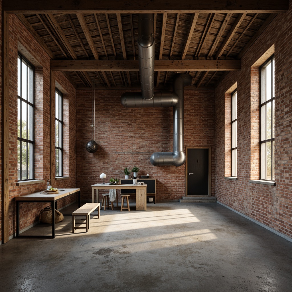 Prompt: Rustic industrial landscape, abandoned factories, worn brick walls, distressed metal roofs, reclaimed wood accents, earthy tones, natural textures, regional materials, local craftsmanship, exposed ductwork, concrete floors, steel beams, functional minimalism, industrial chic aesthetic, warm soft lighting, shallow depth of field, 1/1 composition, realistic renderings, ambient occlusion.