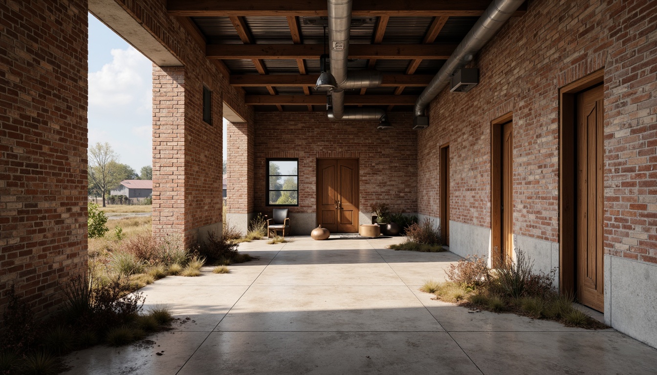 Prompt: Rustic industrial landscape, abandoned factories, worn brick walls, distressed metal roofs, reclaimed wood accents, earthy tones, natural textures, regional materials, local craftsmanship, exposed ductwork, concrete floors, steel beams, functional minimalism, industrial chic aesthetic, warm soft lighting, shallow depth of field, 1/1 composition, realistic renderings, ambient occlusion.