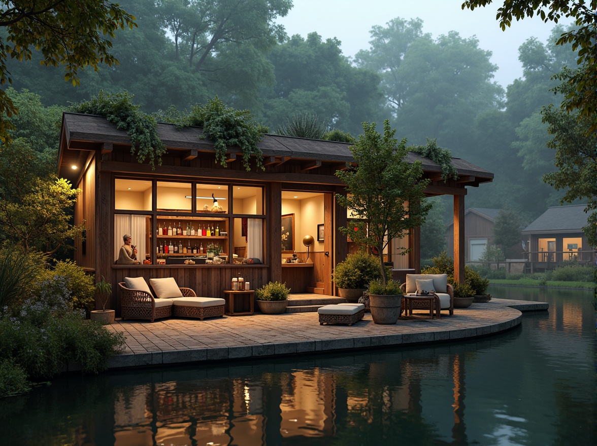 Prompt: Whimsical boathouse, eclectic facade, distressed wood textures, vintage nautical elements, rusty metal accents, colorful glass bottles, woven wicker furniture, lush greenery, overgrown vegetation, misty morning atmosphere, soft warm lighting, shallow depth of field, 1/1 composition, realistic water reflections, ambient occlusion.