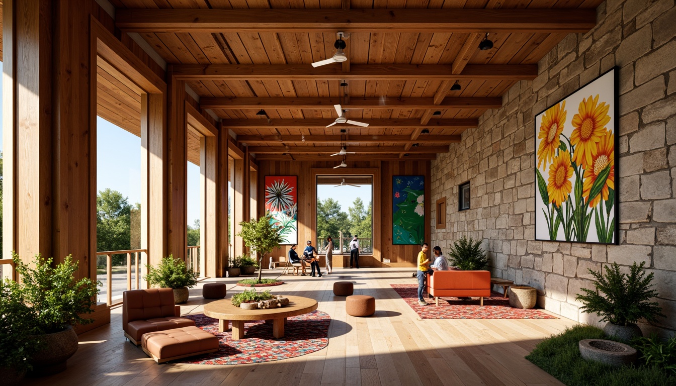 Prompt: Vibrant cultural center, rich wood accents, warm earthy tones, bold colorful murals, eclectic patterned rugs, natural stone walls, modern minimalist furniture, abundant greenery, soft warm lighting, shallow depth of field, 3/4 composition, panoramic view, realistic textures, ambient occlusion.