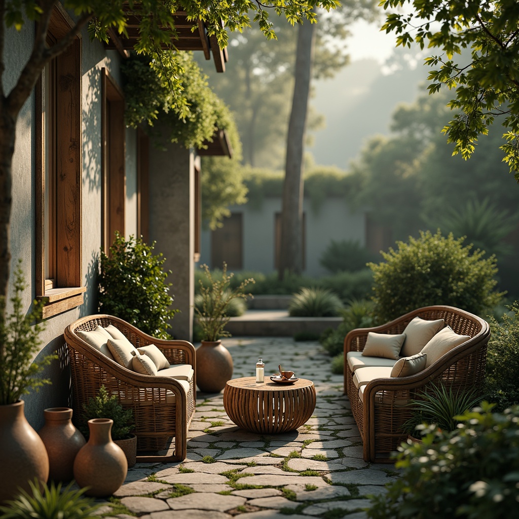 Prompt: Soft celadon hues, natural earth tones, gentle misty atmosphere, serene forest surroundings, rustic wooden accents, woven wicker furniture, vintage ceramic vases, distressed stone walls, moss-covered pathways, warm golden lighting, shallow depth of field, 1/1 composition, intimate close-up shots, realistic textures, ambient occlusion.