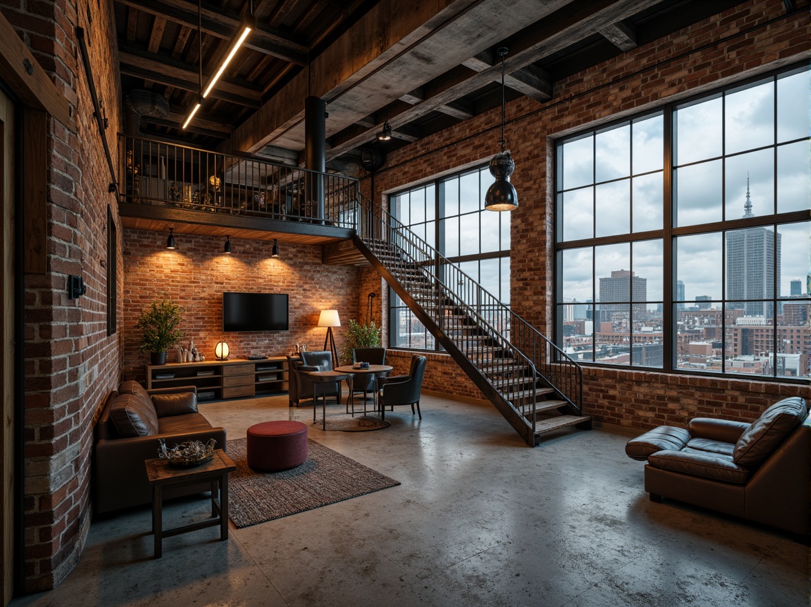 Prompt: Rustic industrial warehouse, exposed brick walls, metal beams, reclaimed wood accents, vintage machinery, distressed concrete floors, urban cityscape, cloudy grey sky, dramatic warm lighting, shallow depth of field, 1/1 composition, realistic textures, ambient occlusion, functional pipes, industrial-style lamps, metallic staircases, minimalist decor, modern urban living, converted loft spaces.