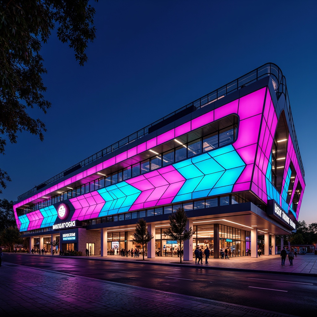 Prompt: Vibrant stadium facade, dynamic curves, bold angular lines, futuristic expressionist architecture, neon-lit LED lights, abstract geometric patterns, irregular shapes, clashing colors, distorted proportions, oversized arches, sweeping cantilevers, dramatic shadows, high-contrast lighting, 1/2 composition, low-angle shot, cinematic atmosphere, realistic materials, ambient occlusion.