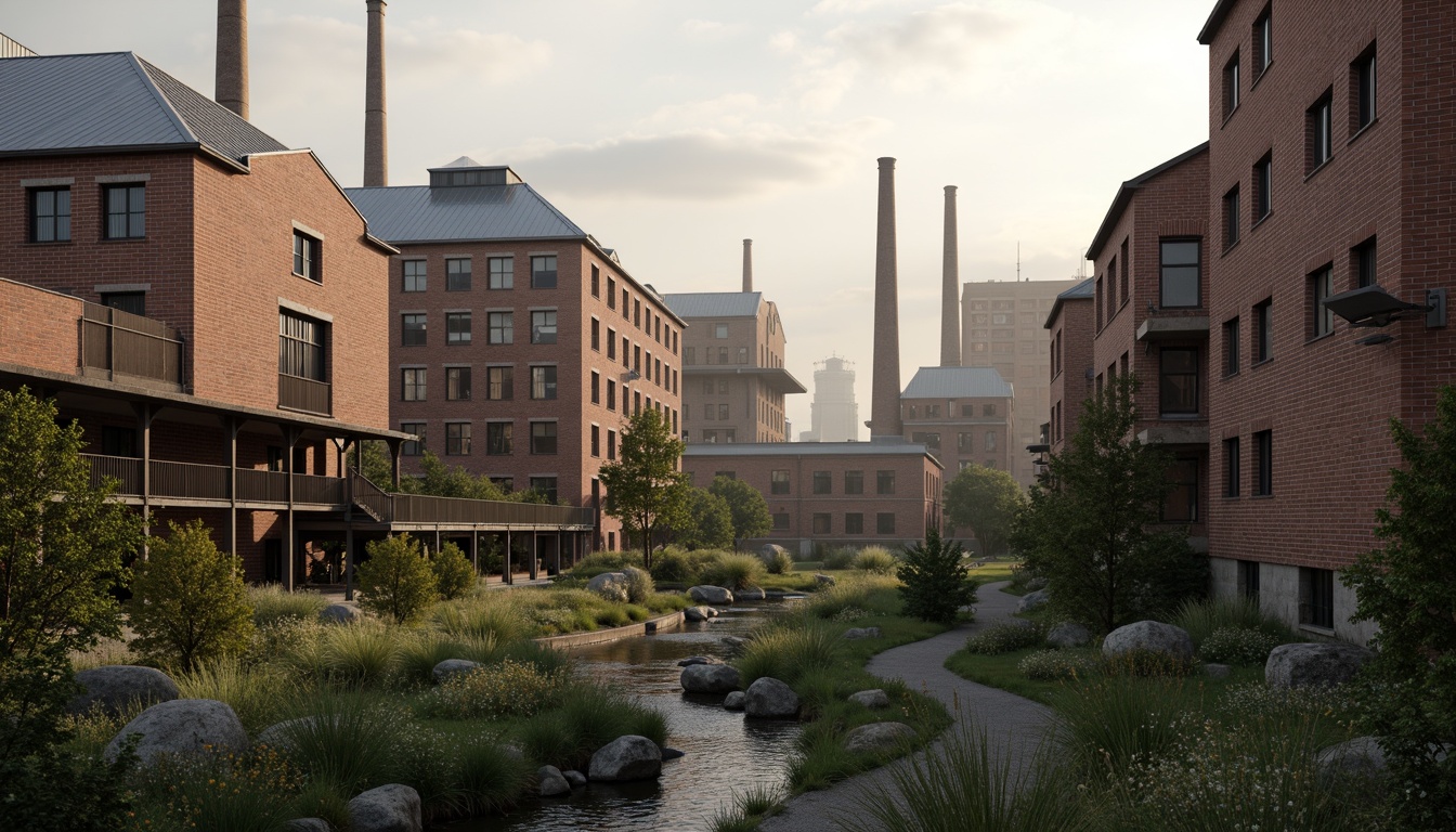 Prompt: Industrial factory complex, rustic brick buildings, corrugated metal roofs, worn concrete walls, vintage machinery, abandoned chimneys, overgrown vegetation, wildflowers, meandering streams, misty atmosphere, soft warm lighting, shallow depth of field, 3/4 composition, panoramic view, realistic textures, ambient occlusion, regionalism-inspired architecture, modern industrial design, functional spaces, exposed ductwork, metal catwalks, reclaimed wood accents, earthy color palette, natural stone pathways, weathered steel bridges.