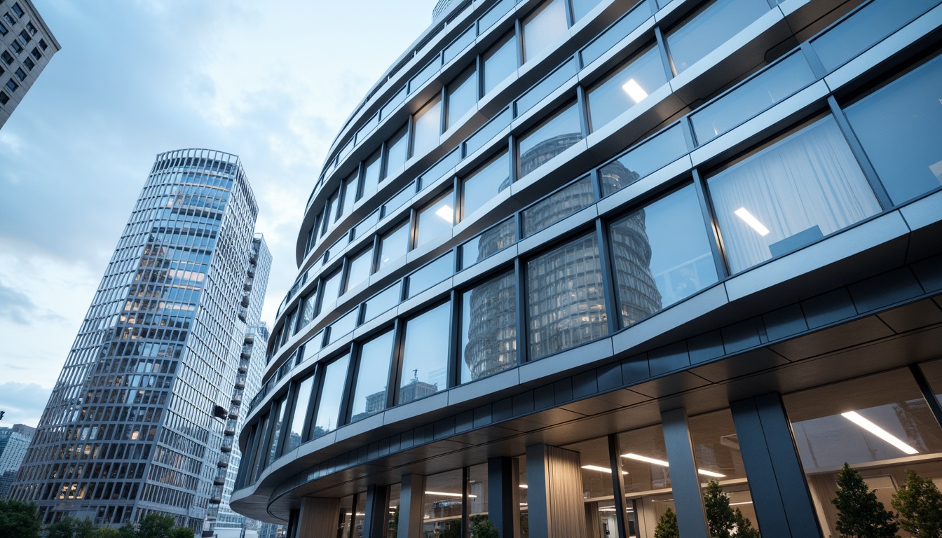 Prompt: Curved building facade, sleek metal frames, minimalist window patterns, reflective glass surfaces, angular lines, modern streamline moderne style, futuristic aesthetic, urban cityscape, cloudy blue sky, soft warm lighting, shallow depth of field, 3/4 composition, panoramic view, realistic textures, ambient occlusion, silver aluminum accents, hidden window hinges, automated window systems, energy-efficient glazing, soundproofing technology, minimalist interior design, monochromatic color scheme.