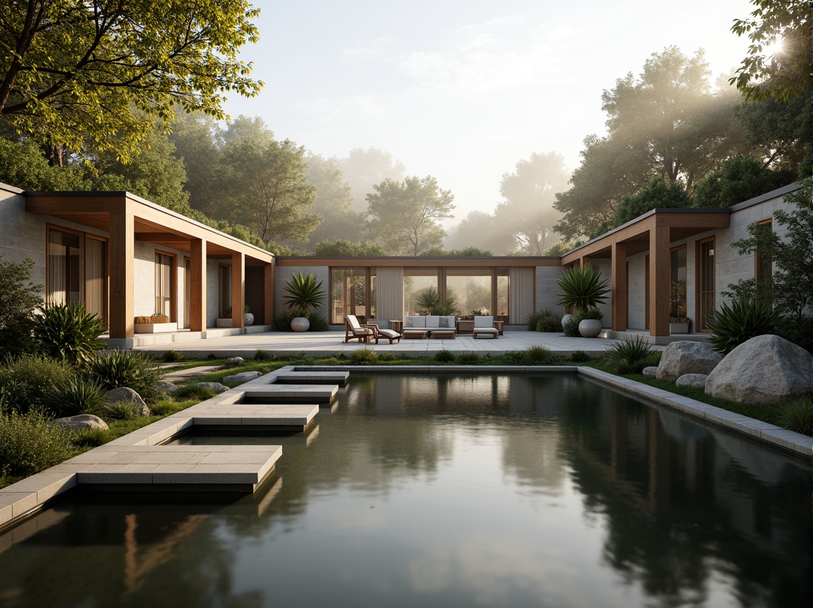 Prompt: Seamless site integration, minimalist architecture, clean lines, simple forms, neutral color palette, natural materials, wooden accents, stone walls, green roofs, subtle textures, ambient lighting, soft shadows, 1/1 composition, symmetrical framing, serene atmosphere, peaceful surroundings, lush vegetation, calm water features, misty morning, warm sunlight, shallow depth of field.