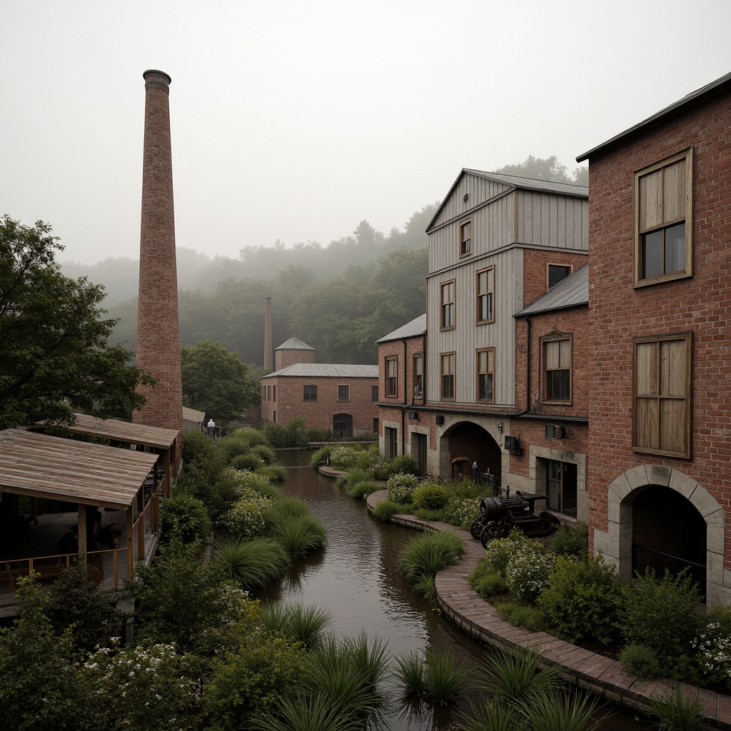 Prompt: Industrial factory complex, rustic brick buildings, corrugated metal roofs, worn concrete walls, vintage machinery, abandoned chimneys, overgrown vegetation, wildflowers, meandering streams, misty atmosphere, soft warm lighting, shallow depth of field, 3/4 composition, panoramic view, realistic textures, ambient occlusion, regionalist architectural style, functional simplicity, earthy color palette, distressed finishes, reclaimed wood accents, metal cladding, industrial heritage, nostalgic ambiance.