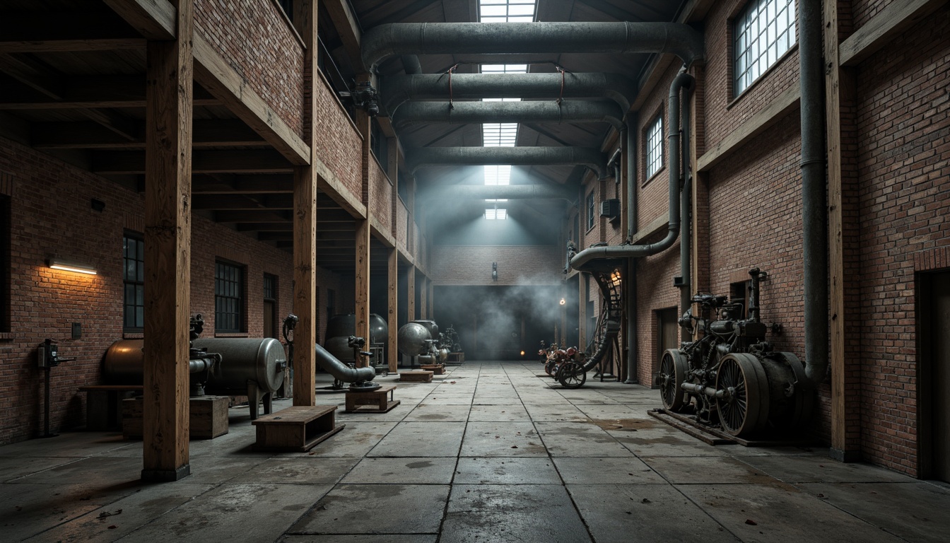 Prompt: Rustic industrial landscape, abandoned factories, distressed brick walls, metal beams, reclaimed wood accents, exposed ductwork, concrete floors, steel columns, urban decay, gritty textures, moody lighting, dramatic shadows, cinematic composition, 1/1 aspect ratio, high contrast, atmospheric fog, misty ambiance, functional pipes, mechanical equipment, industrial heritage, brutalist architecture, raw concrete forms, metallic tones, utilitarian design.