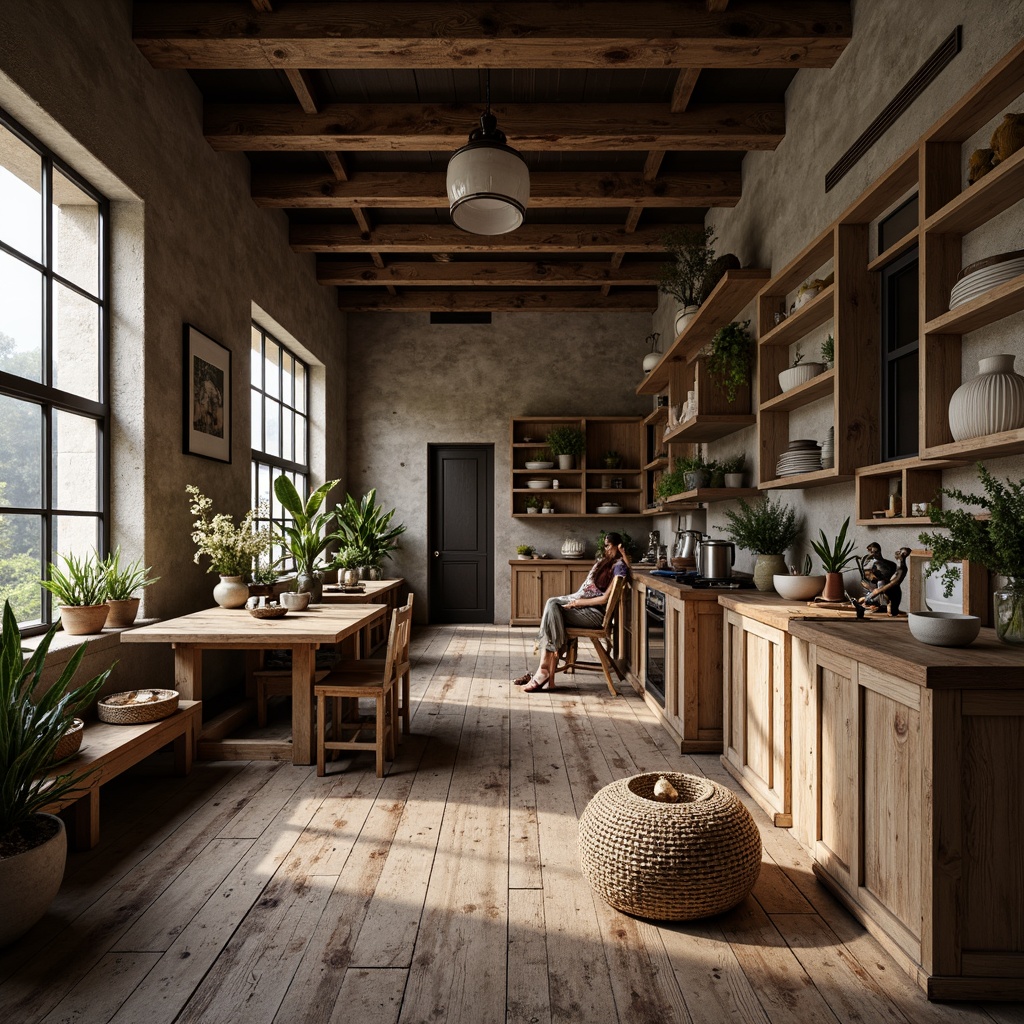 Prompt: Weathered wooden planks, rusty metal accents, distressed concrete walls, reclaimed wood furniture, earthy color palette, natural textiles, woven baskets, vintage decorative items, cozy ambient lighting, soft warm glow, shallow depth of field, 3/4 composition, realistic textures, ambient occlusion.