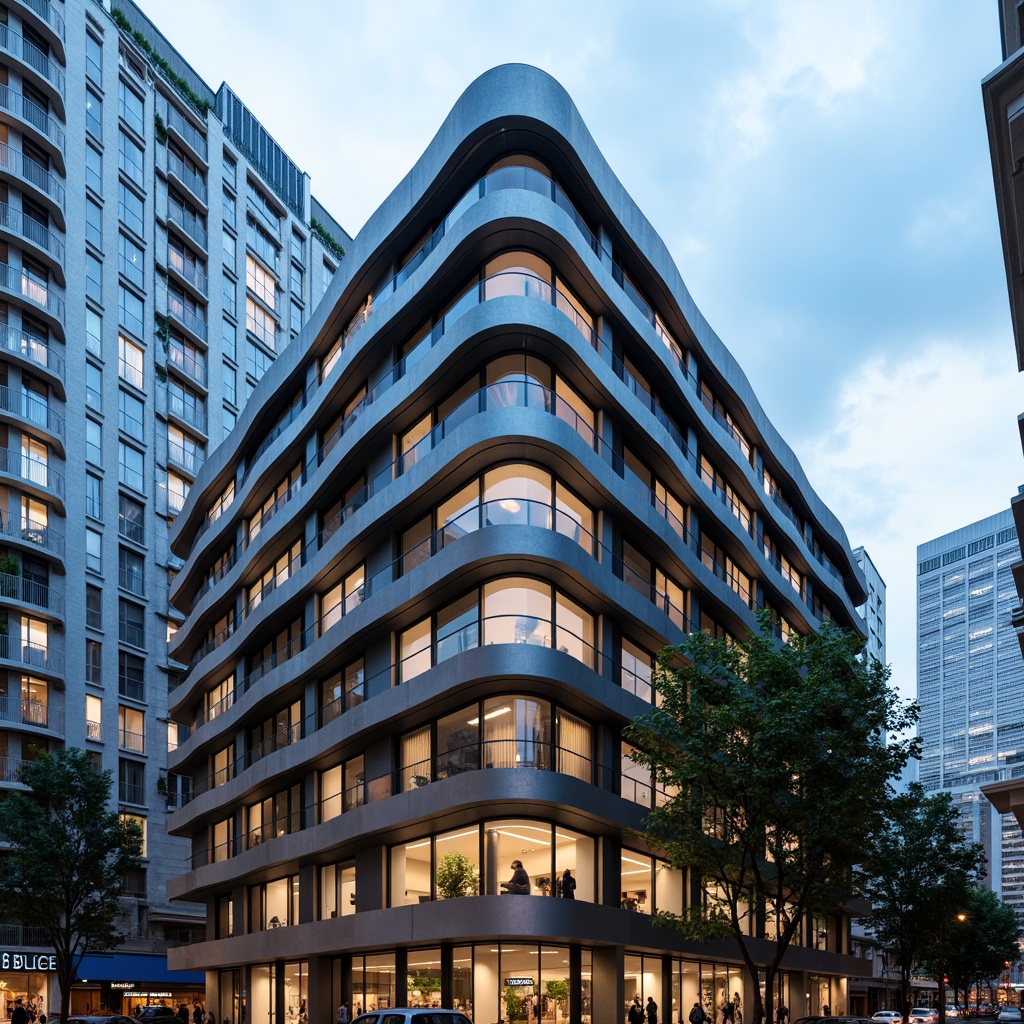 Prompt: Curved building facade, metallic materials, polished chrome accents, horizontal lines, rounded corners, minimalist ornamentation, large glass windows, sliding doors, cantilevered balconies, urban cityscape, busy streets, modern skyscrapers, cloudy blue sky, soft natural light, shallow depth of field, 2/3 composition, symmetrical framing, high-contrast lighting, detailed textures, ambient occlusion.