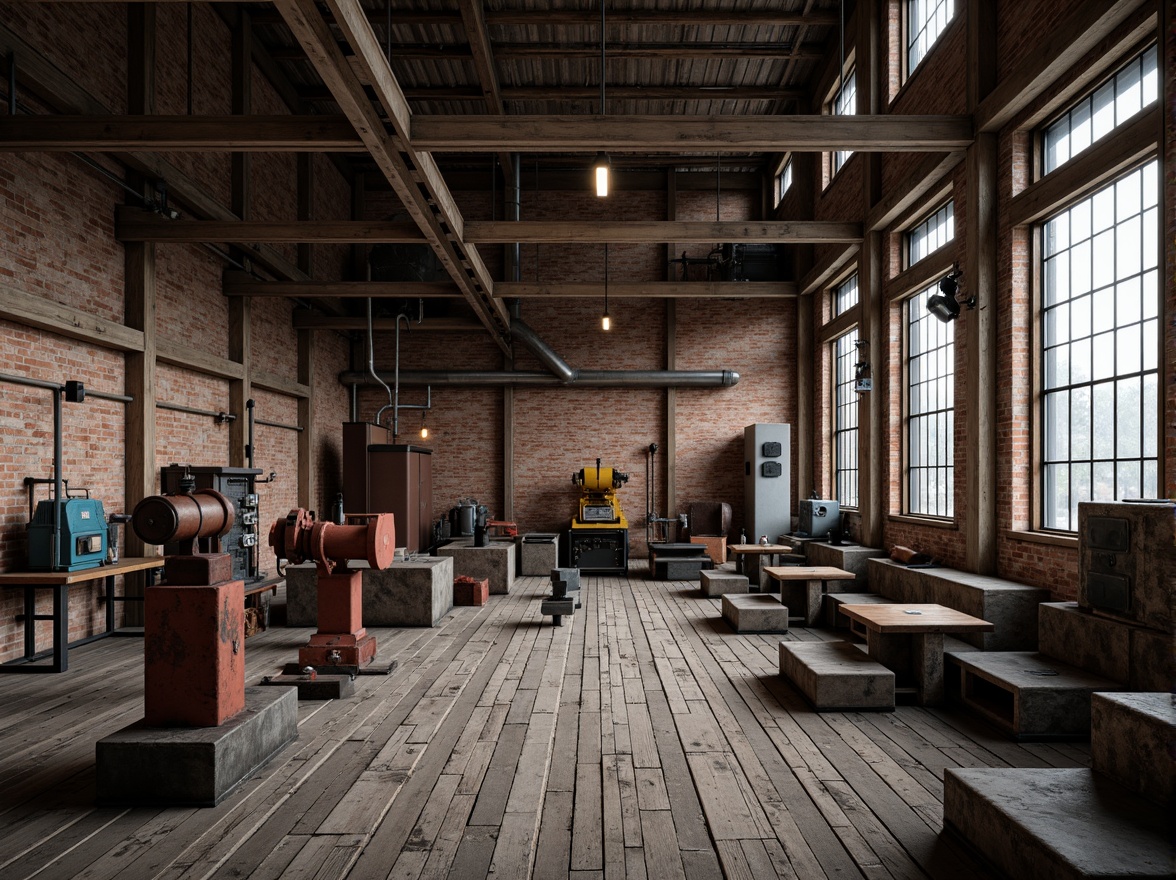 Prompt: Industrial factory setting, exposed brick walls, metal beams, worn wooden floors, vintage machinery, distressed textures, earthy tones, muted colors, rusty reds, weathered blues, faded yellows, industrial greys, urban atmosphere, gritty realism, high contrast lighting, dramatic shadows, cinematic composition, 1/2 camera angle, realistic renderings, ambient occlusion.