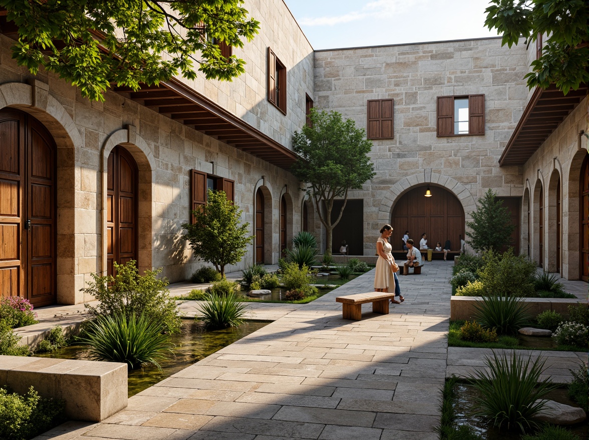 Prompt: Serene monastery courtyard, rustic stone walls, ornate wooden doors, tranquil water features, lush greenery, vibrant flowers, peaceful statues, intricate stonework, regional architectural elements, curved lines, earthy color palette, natural light filtering, warm ambient lighting, shallow depth of field, 3/4 composition, panoramic view, realistic textures, ambient occlusion.