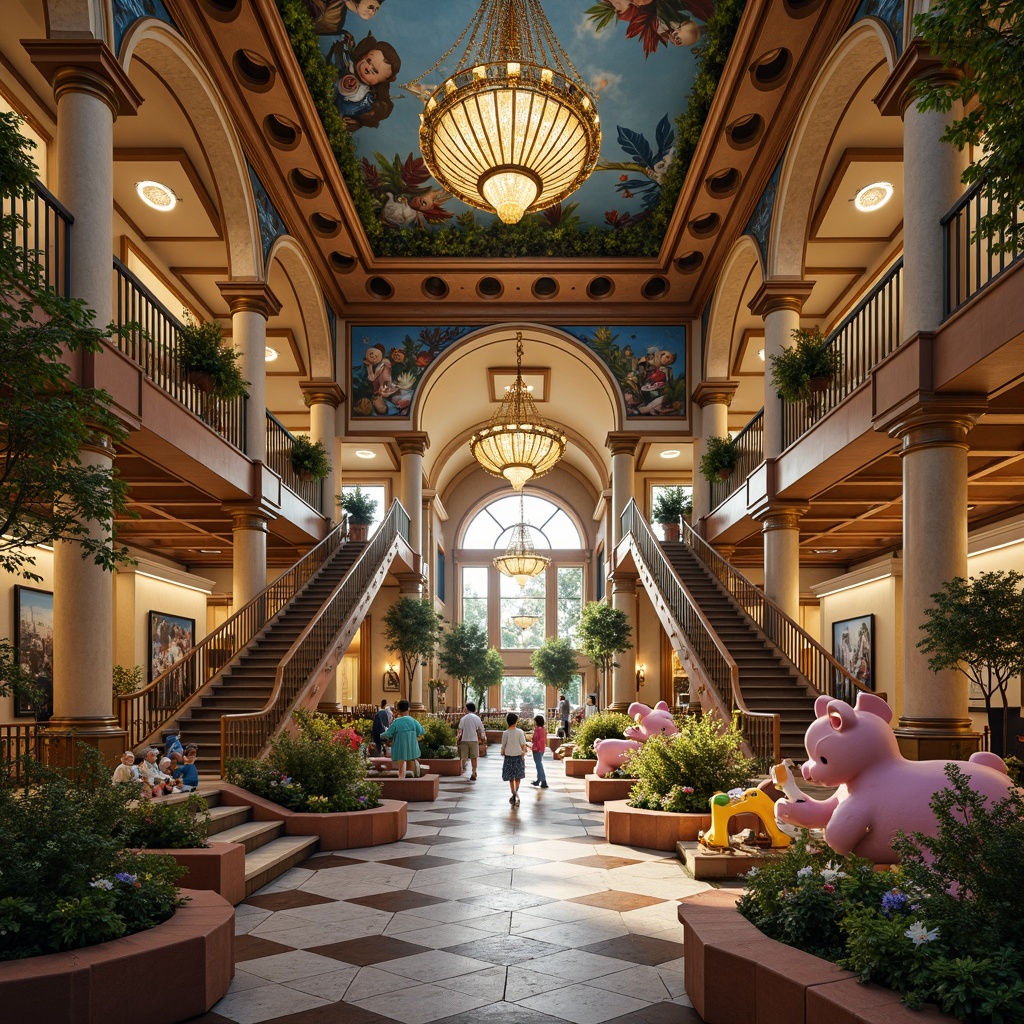 Prompt: Intricate kindergarten, ornate Baroque architecture, lavish decorations, golden accents, curved lines, grand entrance, sweeping staircases, opulent chandeliers, vibrant colorful murals, whimsical sculptures, playful fountains, lush greenery, soft warm lighting, shallow depth of field, 1/1 composition, realistic textures, ambient occlusion.