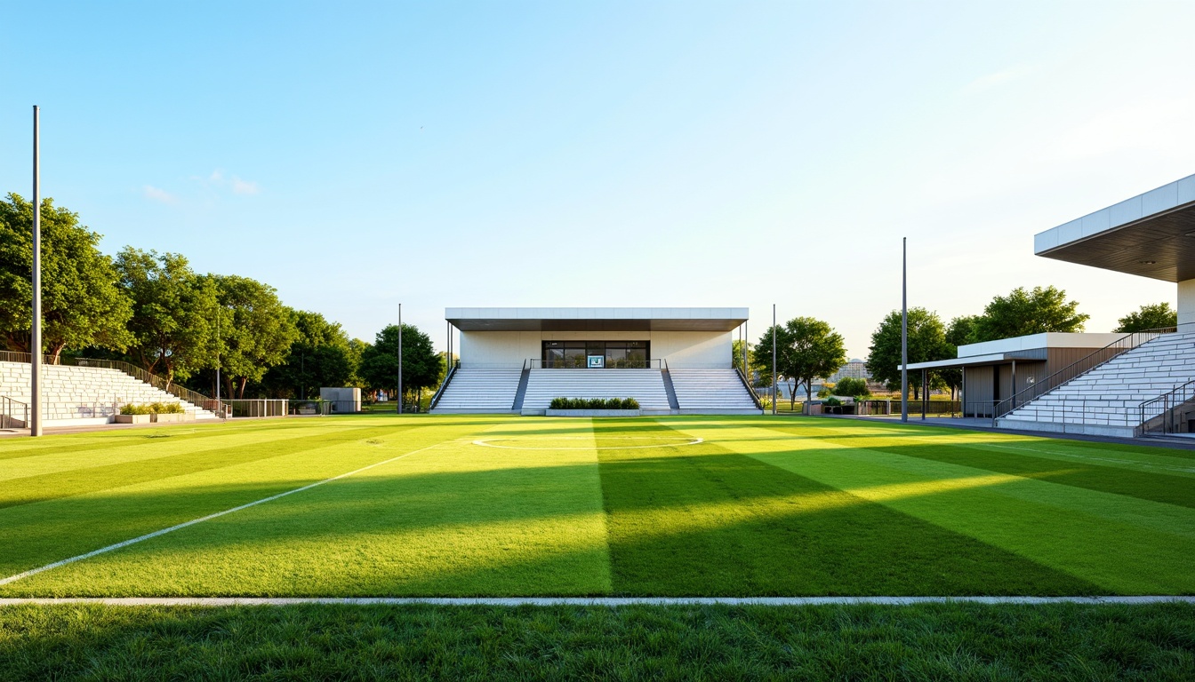 Prompt: Simple sports field, lush green grass, white goalposts, minimalist bleachers, clean lines, modernist architecture, sleek metal fences, natural stone pathways, sparse trees, clear blue sky, sunny day, soft warm lighting, shallow depth of field, 3/4 composition, panoramic view, realistic textures, ambient occlusion.